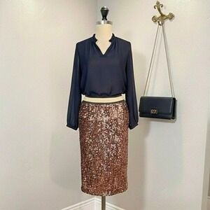 Rose Gold Sequin Pencil Skirt Small Metallic Sparkle Party Skirt